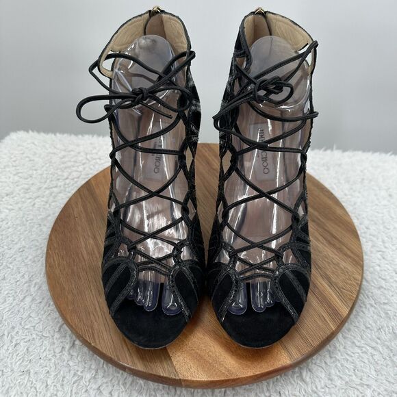 Jimmy Choo Heel Womens 8.5 Black Leather Lace up Peep Toe Snake Skin Gladiator - Picture 4 of 10